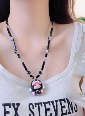 可爱卡通童趣戴帽子玛特串珠十字架项链女小众个性设计甜酷锁骨链