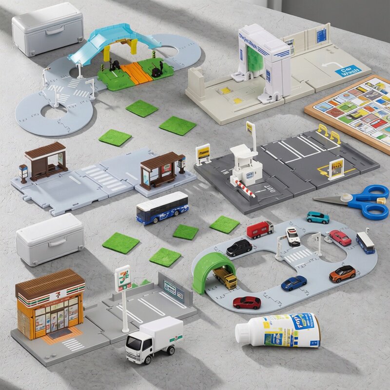 TOMY多美卡小镇场景玩具折叠便利店公交车加油站停车场幼儿园警局
