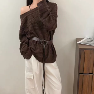 薄款针织衫女2025秋季新款镂空中长款系带宽松显瘦毛衣套头衫上衣
