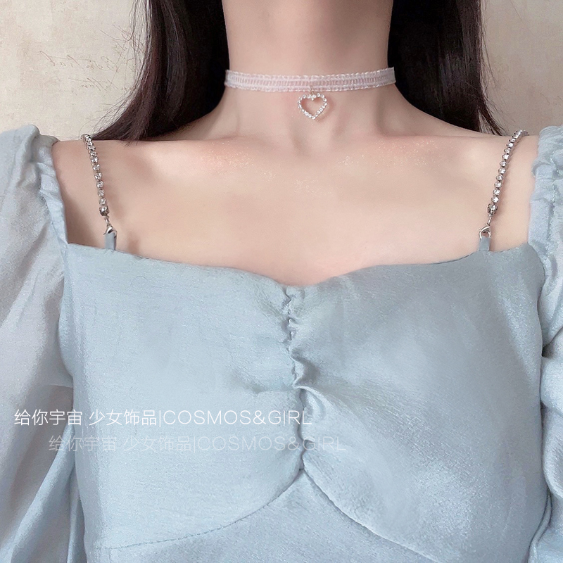 超闪爱心水钻choker丝带超仙网纱