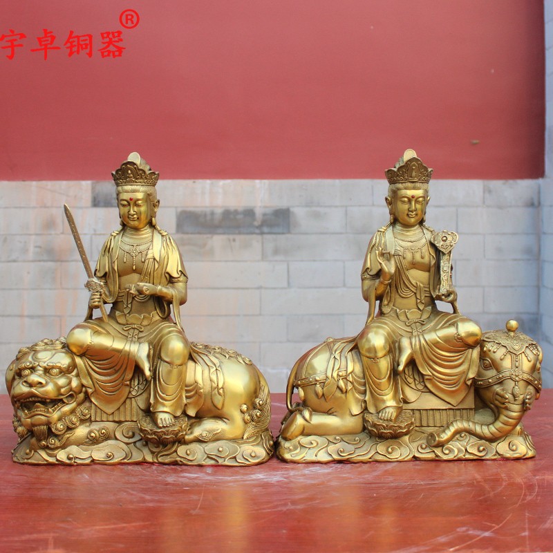 纯铜文殊普贤菩萨 黄铜狮子大象菩萨家居装饰佛堂工艺品桌面摆件