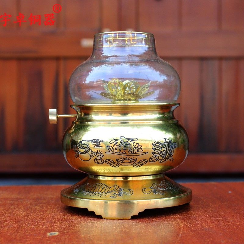 宇卓铜器 纯铜佛字油灯黄铜油灯 龙纹玻璃罩酥油灯工艺品摆件