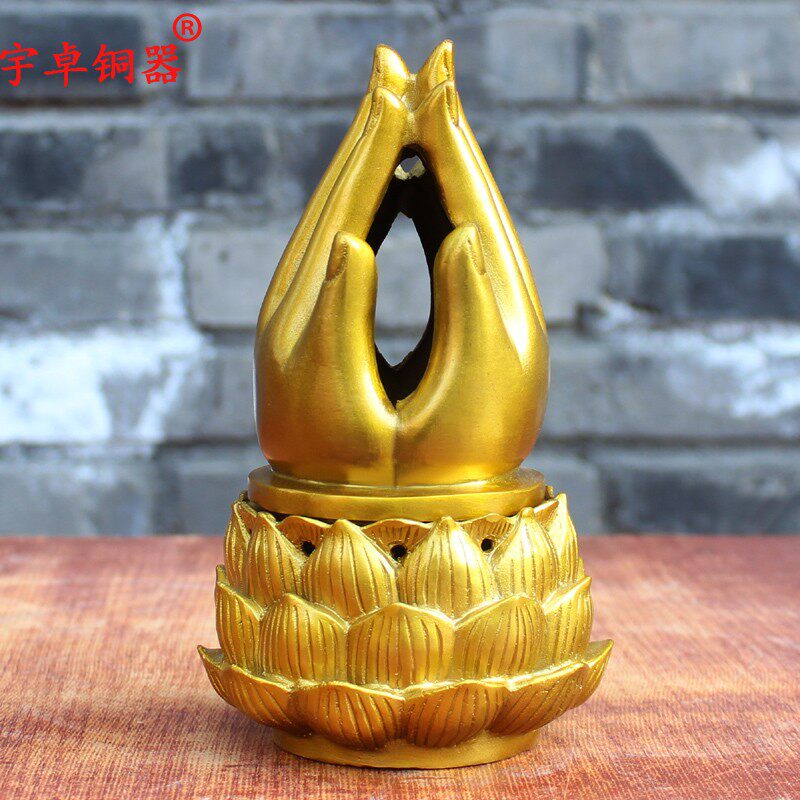 宇卓铜器莲花佛手香薰炉黄铜合手香炉如来观音佛手铜炉创意家居