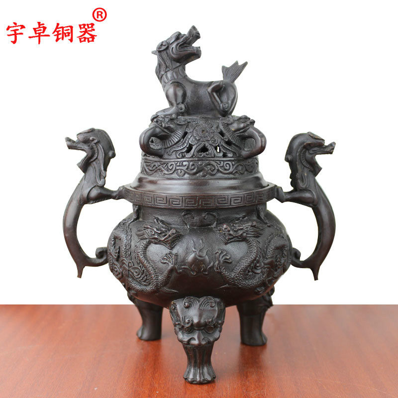 宇卓铜器纯铜香炉黄铜香炉二龙戏珠貔貅香炉香薰炉工艺品摆件