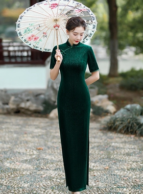千百思旗袍新款秋冬绿色短袖改良气质高级感丝绒舞蹈演出古典国风