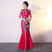 中国风舞台走秀鱼尾裙修身 旗袍长款 改良版 显瘦春季 2025年新款 中袖