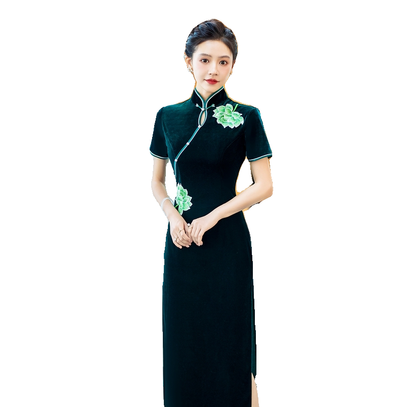 千百思复古走秀长款绣花丝绒旗袍