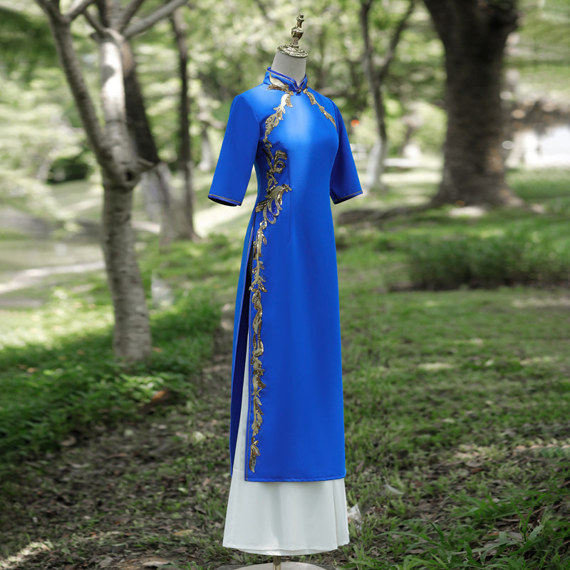 宝蓝色演出奥黛旗袍千百思阔腿裤