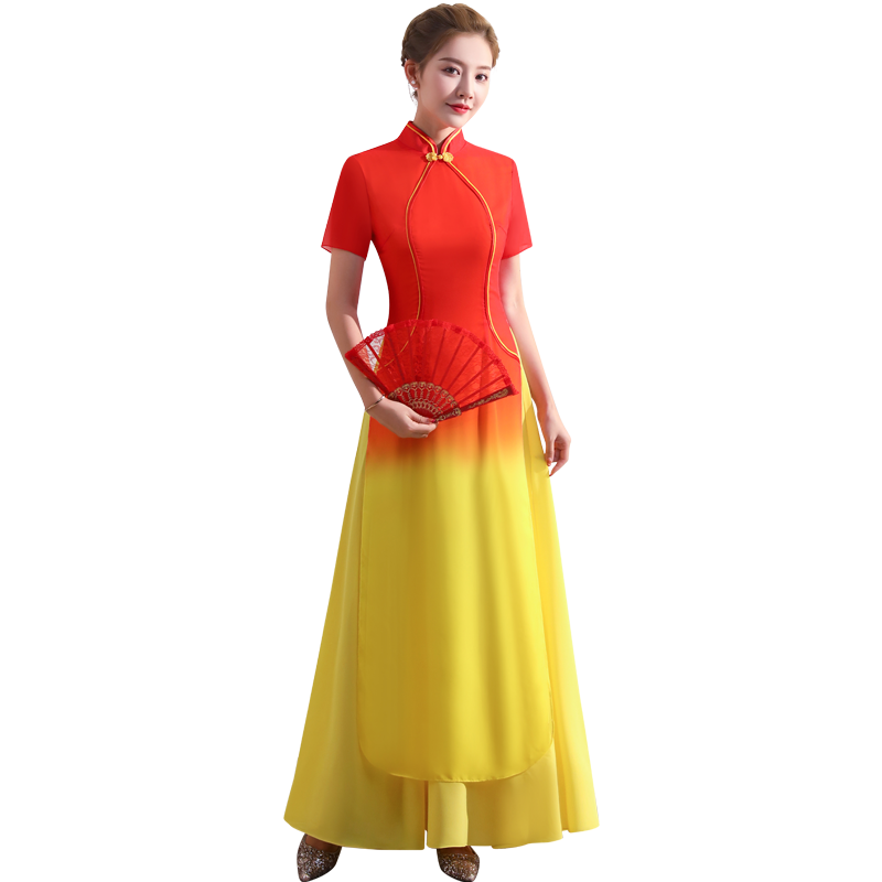 2025年春新款改良正宗越南奥黛旗袍连衣裙中国风舞台走秀演出服装