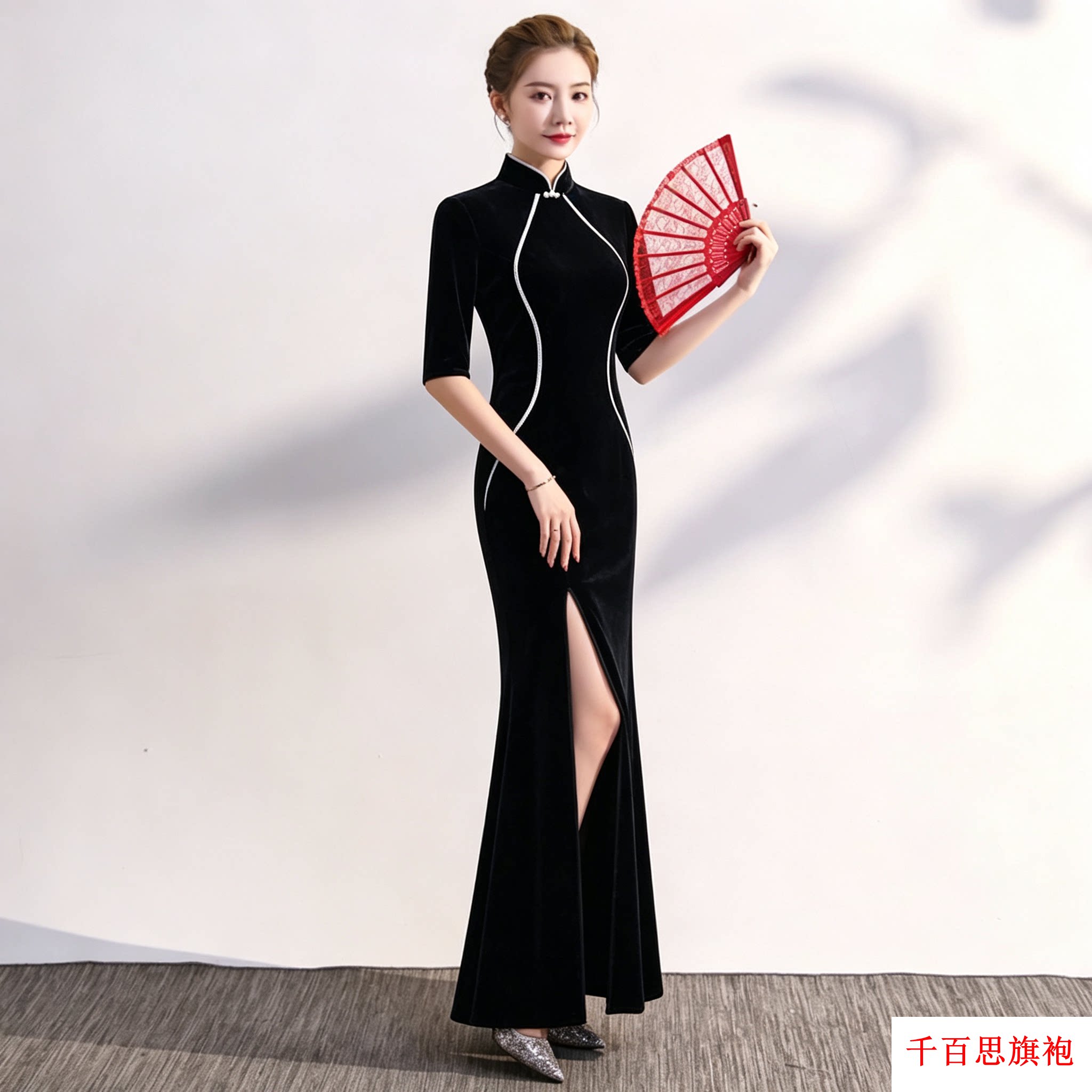 黑色丝绒新中式鱼尾显瘦旗袍图片