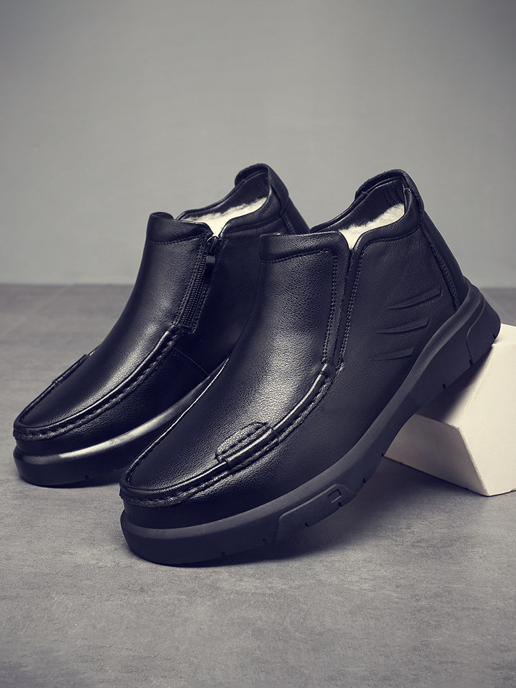 COTTON SHOES MENS WINTER LEATHER CASUAL HIGH-TOP MENS COTTON LEATHER SHOES MIDDLE-AGED AND ELDERLY WOOL WARM VELVET DAD SHOES THICK SOLE