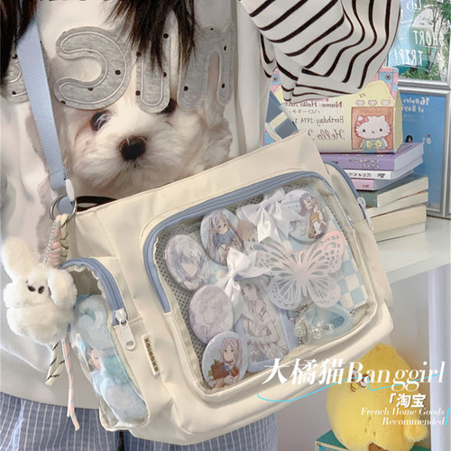 大橘猫学院风百搭简约大容量斜挎包少女透明吧唧单肩包娃包痛包女