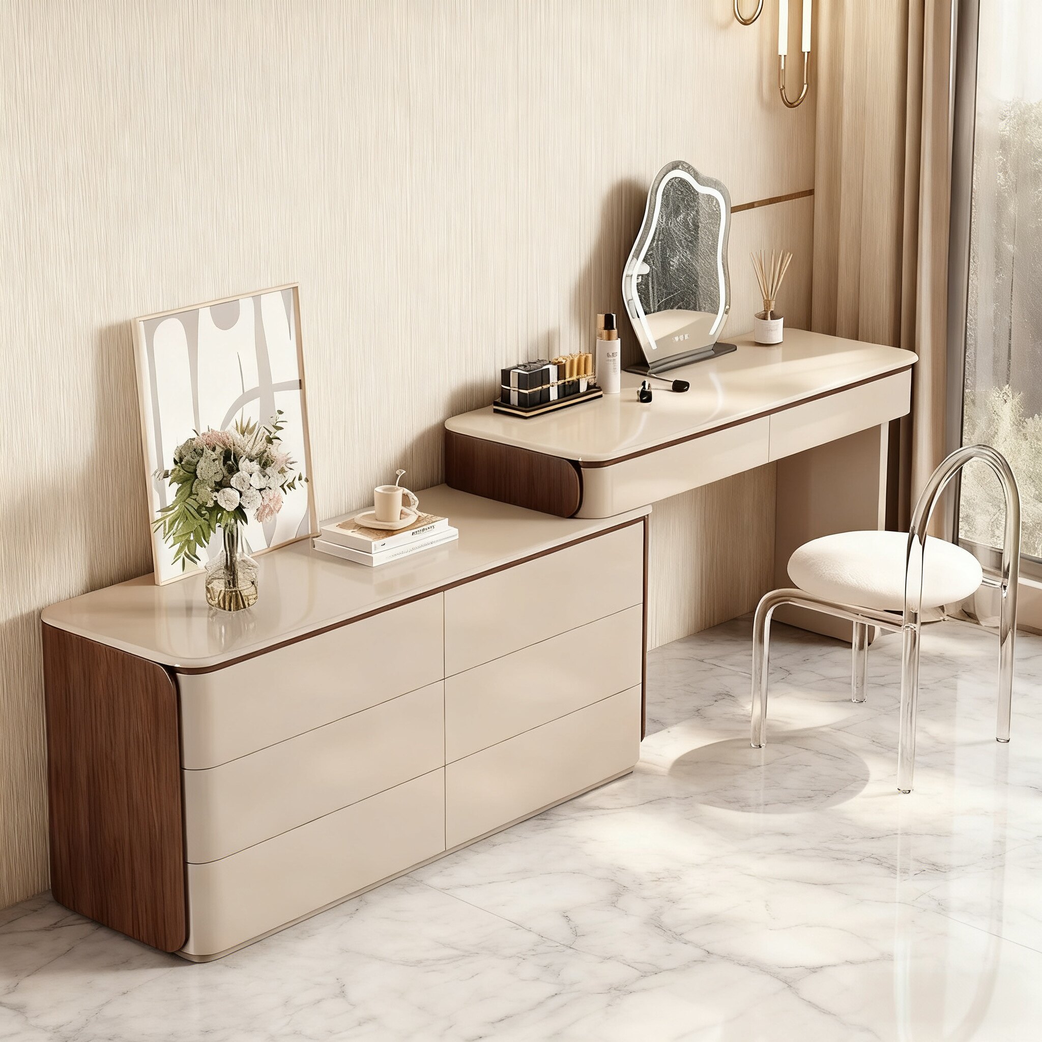 2024新款实木轻奢卧室现代简约化妆桌梳妆台床尾转角收纳斗柜一体