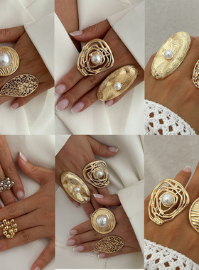 欧美跨境饰品不规则镂空缠绕珠宝仿珍珠戒指ins小众合金开口