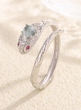 S925纯银蓝水翡翠灵蛇戒指女轻奢高级感小众设计食指戒可调节指环