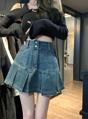 高腰黑色百褶牛仔半身裙女秋季mm遮肚显瘦梨形身材复古a字短裙