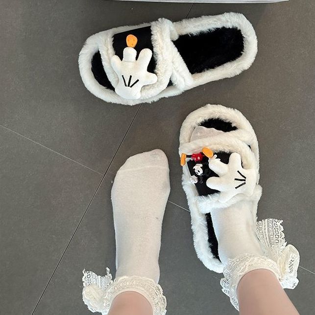 可爱卡通米奇手套露趾毛毛拖鞋女2025秋冬新款拼接一字棉拖鞋潮鞋