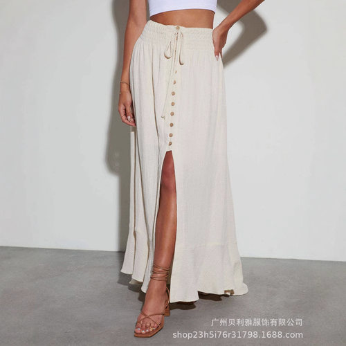 亚马逊春夏新款欧美女装半身裙独立站跨境外贸纯色绑带收腰长裙