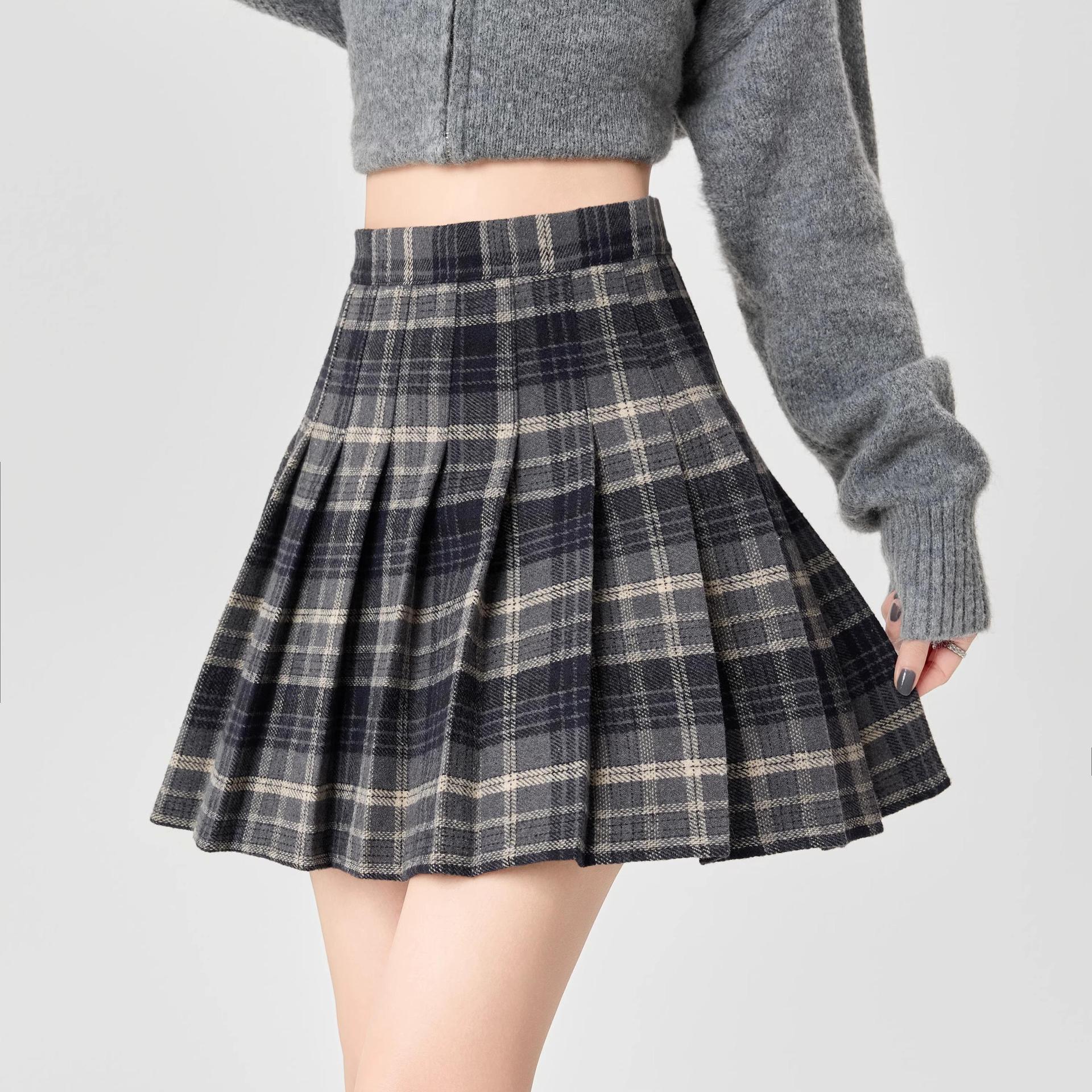 高腰格子毛呢半身裙秋冬大码学院风A字中裙适合微胖百褶裙短裙冬