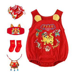 宝宝端午夏装五毒包屁衣婴儿背心裤百天周岁爬服礼服生日国风哈衣
