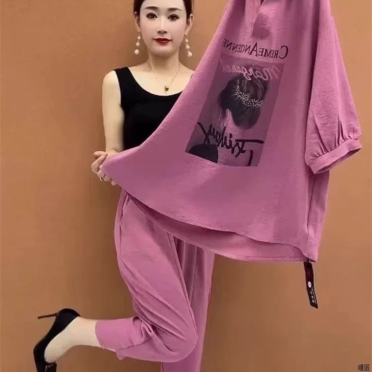 时尚套装夏女polo领上衣宽松休闲八分裤洋气质减龄显瘦遮肉两件套