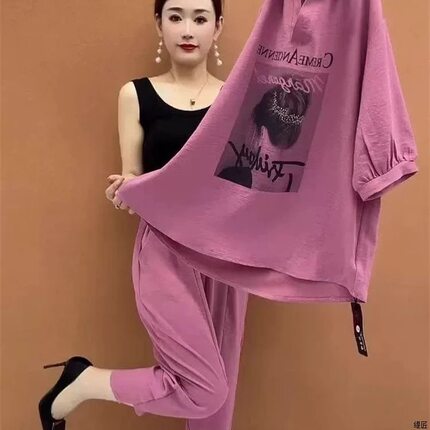 时尚套装夏女polo领上衣宽松休闲八分裤洋气质减龄显瘦遮肉两件套