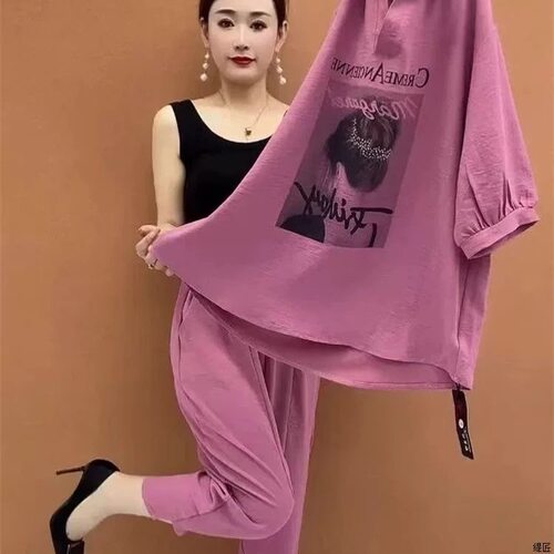 夏季POLO领上衣八分裤女两件套