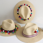 夏季 波西米亚民族风毛球流苏爵士草帽度假沙滩礼帽遮阳帽女可折叠