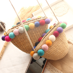 手工可爱日系毛球球编织草包度假沙滩包斜挎包ins同款女包小包包
