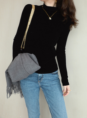 PKH.HK气质女装折扣店 柔糯天鹅绒 弹力半高领圆领修身针织毛衣