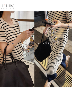 PKH.HK气质女装折扣店 日常显白经典气质条纹短袖针织长连衣裙