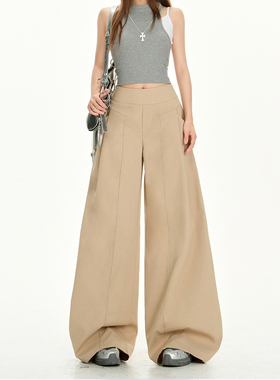 2026年春款百搭高腰卡其色阔腿裤女宽松慵懒风直筒显瘦休闲拖地裤