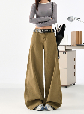 美式复古卡其色时尚潮流低腰阔腿牛仔裤女宽松工装直筒显瘦休闲裤