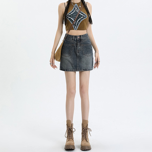 美式复古牛仔高腰A字半身裙女辣妹风夏季显瘦包臀半裙时髦A字短裙