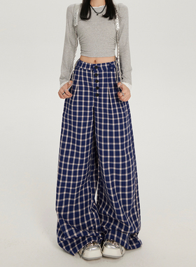 小众设计慵懒风辣妹复古高腰宽松阔腿裤蓝色格子宽松直筒休闲裤女