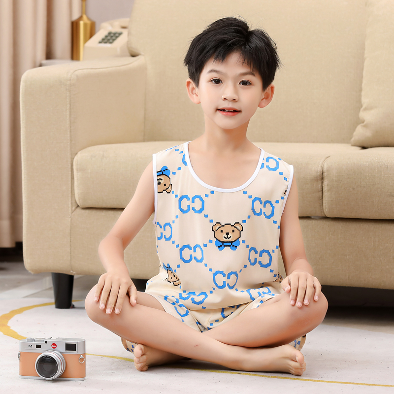 男童背心夏季薄款棉绸2025新款儿童休闲无袖坎肩夏款大童男孩套装