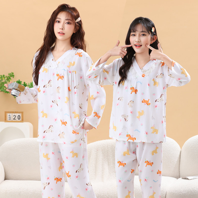 夏季女士母女时尚休闲套装薄款棉绸布料蕾丝花边V领长袖长裤套装