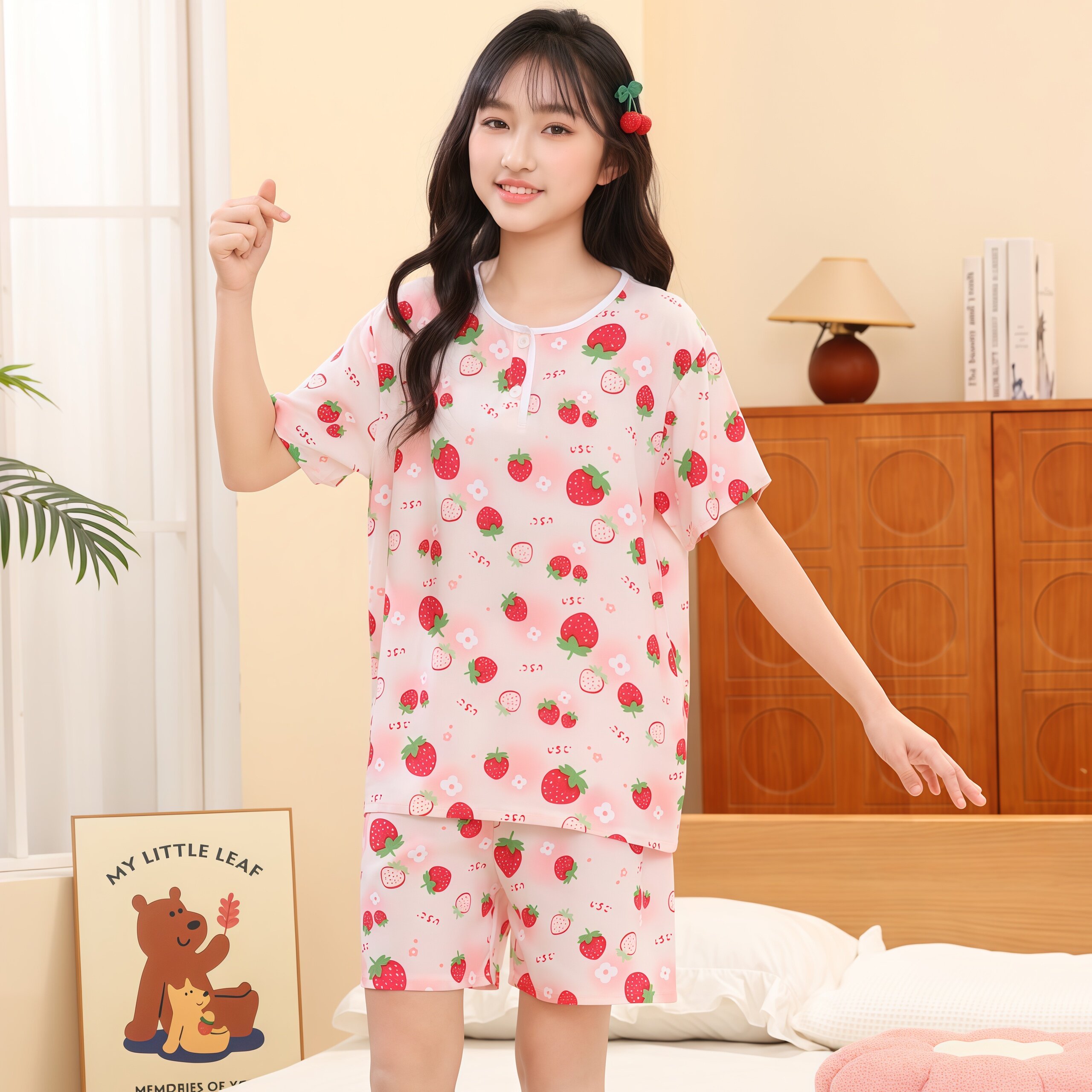 夏季女童睡衣棉绸家居服女中大童冰感柔丝薄款男短袖短裤绵绸套装