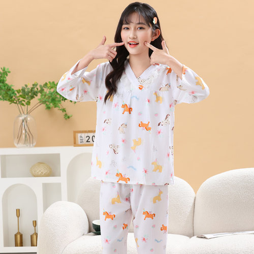 夏季绵绸家居服蕾丝花边中青年甜美宽松睡衣女士亲子棉绸春夏新款