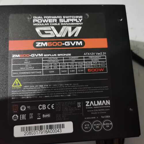 原装ZALMAN扎曼ZM600-GVM 600W半模组电源，议价