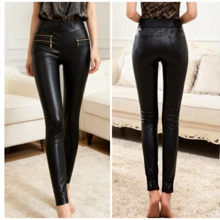 黑色紧身弹力小脚裤 皮补裂皮打底裤 女 女薄裤 诗曼芬品牌仿皮打底裤