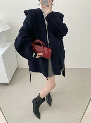 连帽系带羊绒大衣女短款小个子2025秋冬厚双面呢羊毛外套韩国气质