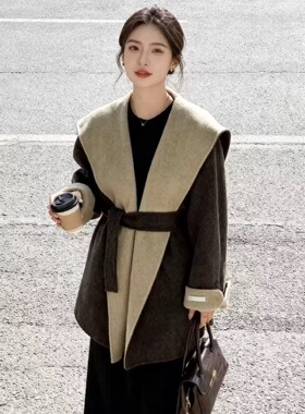 韩国东大门Ab面拼色双面羊绒大衣女短款秋冬连帽系带宽松羊毛外套