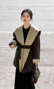 韩国东大门Ab面拼色双面羊绒大衣女短款秋冬连帽系带宽松羊毛外套