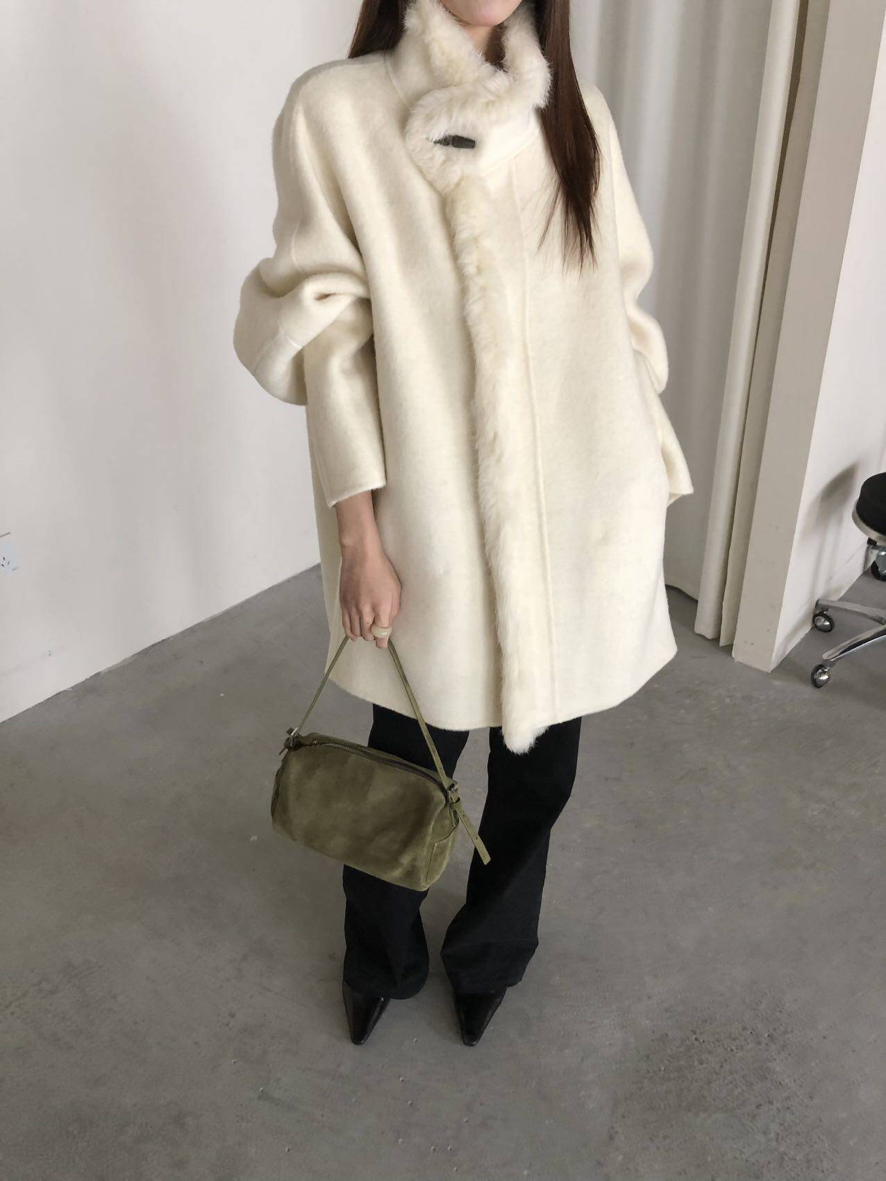 韩国新款韩版宽松双面羊毛大衣女中长款小个子立领拼兔毛边外套女