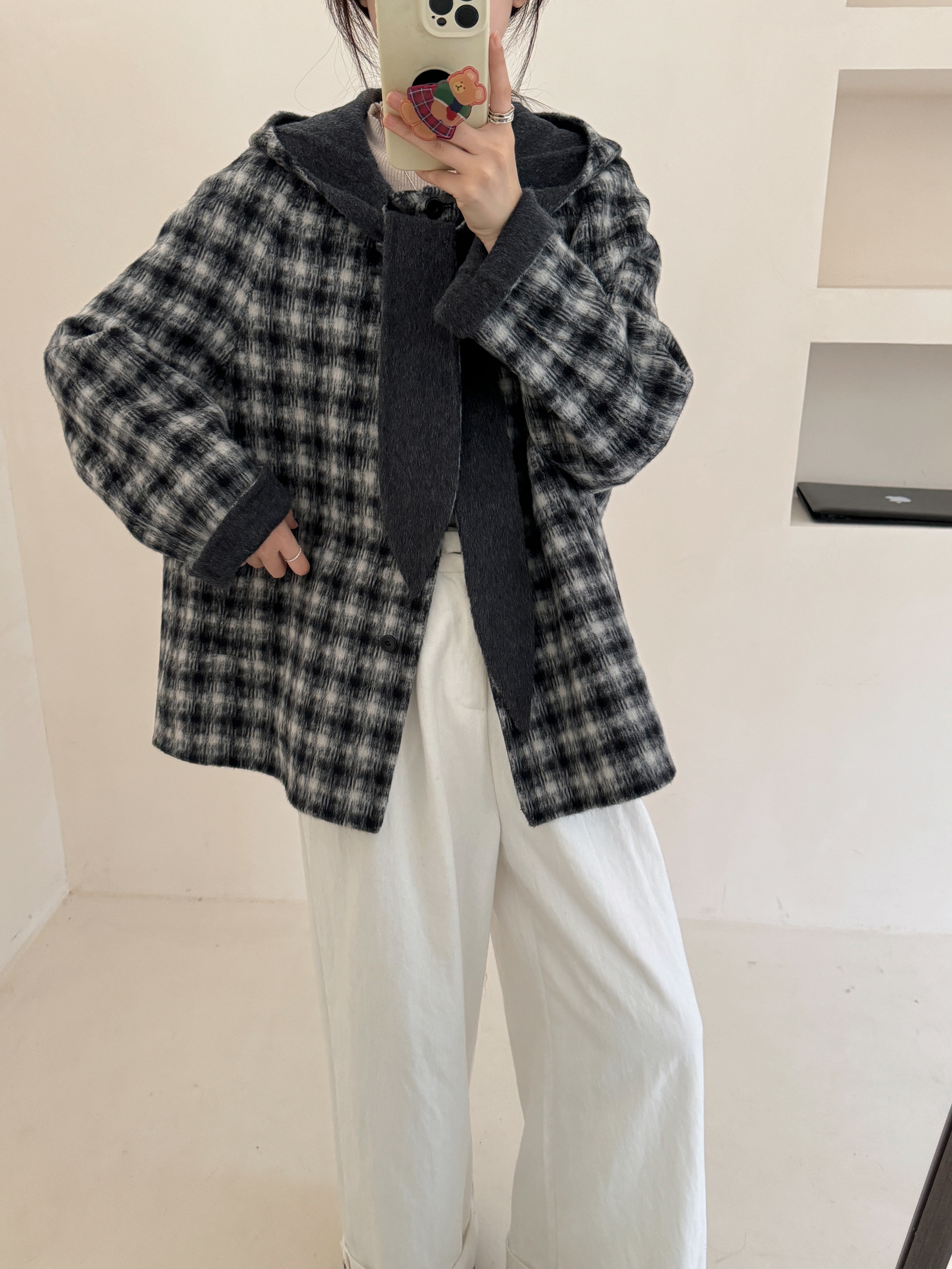 新款韩版宽松连帽宽松赫本风小个子双面羊绒大衣百搭毛呢短外套女