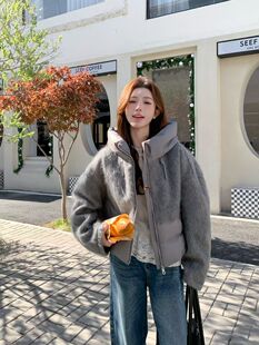 2025新款欧货简约时尚羊毛拼接羽绒服女90白鹅绒连帽短款拉绒外套