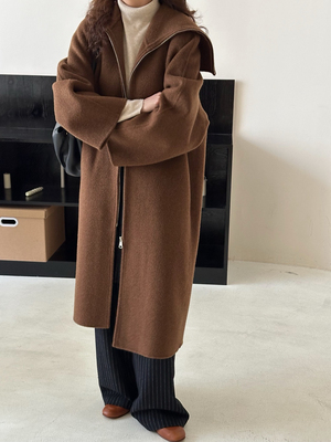 韩系2024女秋冬海军领斗篷款拉链双面羊绒大衣宽松中长款毛呢外套