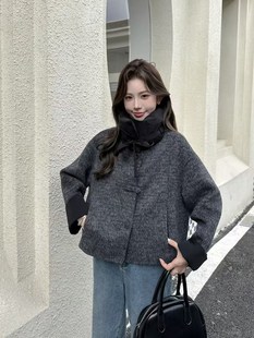 2025新款韩版双面羊绒大衣女短款小个子立领羽绒拼羊毛呢外套女