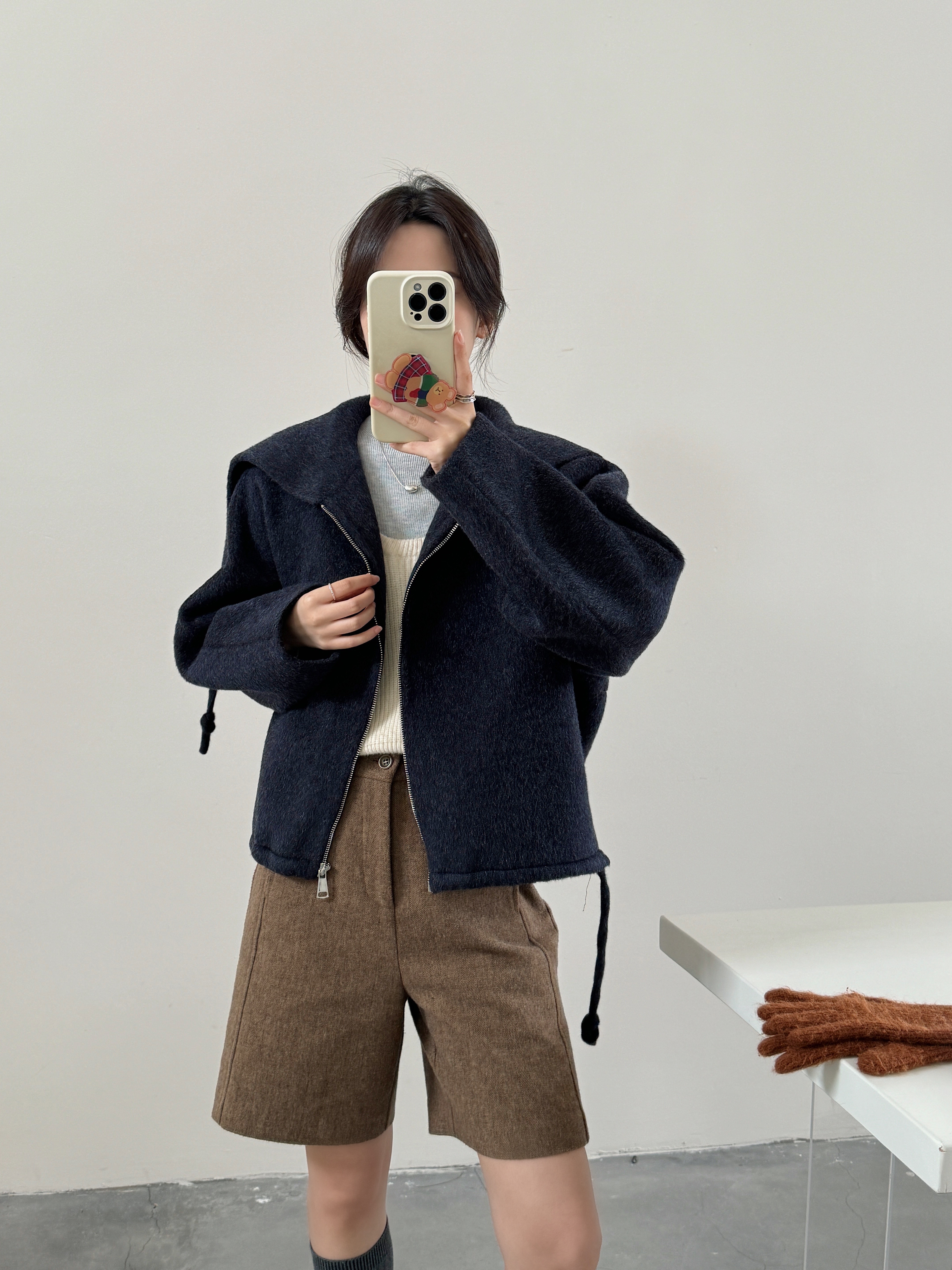 2025秋冬季新款韩系宽松海军领双面羊绒大衣女短款小个子羊毛外套
